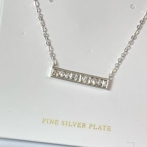 Christian Siriano Silver Plate Bar Necklace Cubic Zirconia Minimalist Pendant